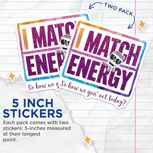 (2 Pack) I Match Energy Stickers - Funny Skeleton Stickers - Cool Skull Stickers - 5" On Longest Side - Sticks to Smooth Flat Surfaces - Made in USA - BMCS4404