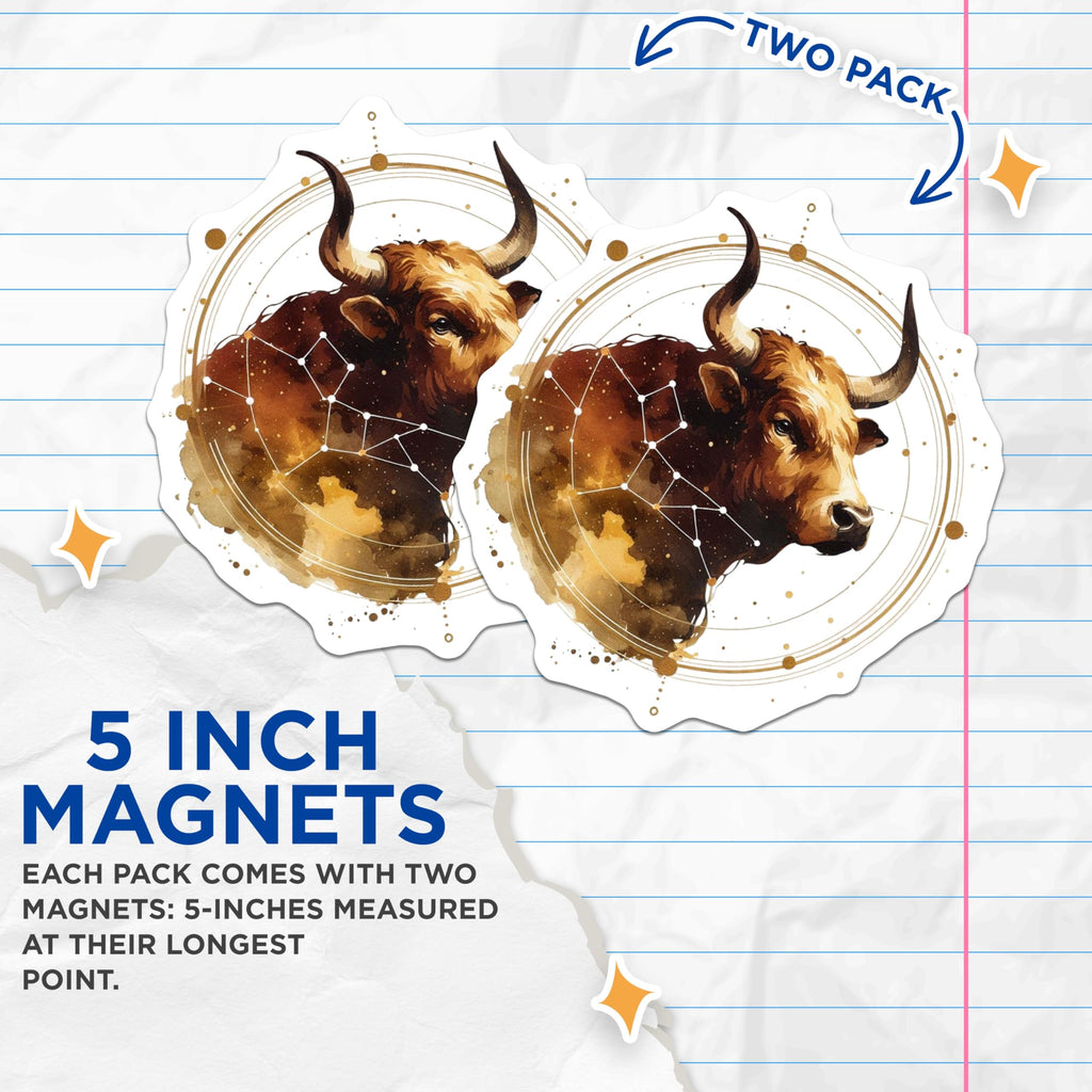 (2 Pack) Taurus Zodiac Magnets - Bull Astrology Sign Decor - Celestial Art Magnet - 5" On Longest Side - Premium Magnet - for Cars, Refrigerators, Toolboxes, Lockers - Made in USA - MAG16086