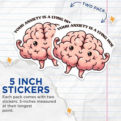 (2 Pack) Funny Brain Stickers - Inspirational Quote Sticker Decals - Mental Health Awareness Stickers - 5" On Longest Side - Sticks to Any Smooth Flat Surface - Made in USA - BMCS3254