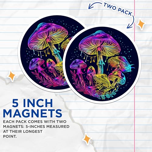 (2 Pack) Psychedelic Mushroom Magnets - Trippy Art - Boho Decor - Neon Mushrooms Design - 5" On Longest Side - for Cars, Fridges, Toolboxes - Made in USA - MAG7192