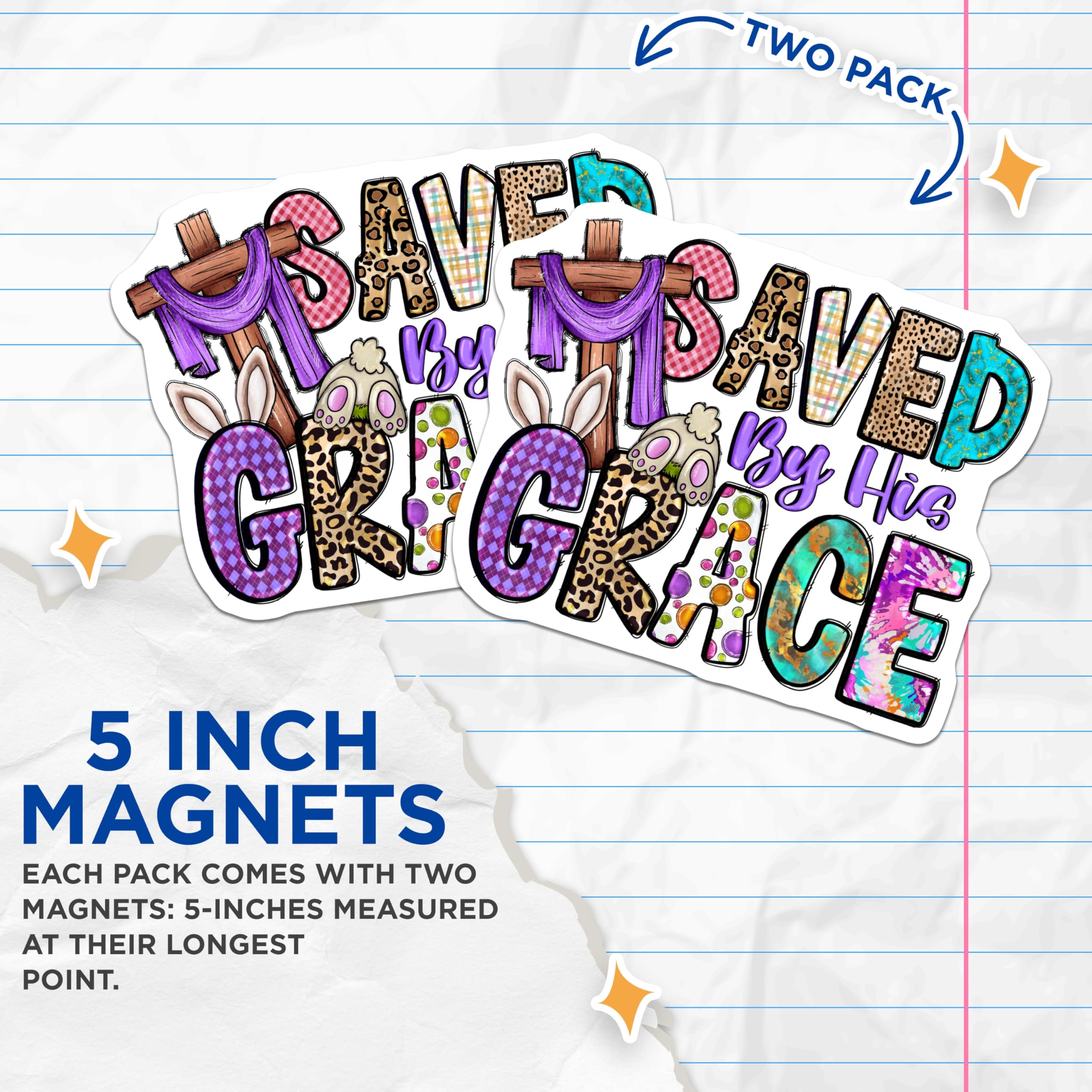 (2 Pack) Saved By His Grace Magnets - Christian Easter Decor - Faith Inspiration Statement - 5 Inches On Longest Side - Thick Durable Magnet - Made in USA - MAG27860
