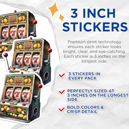 (3 Pack) Slot Machine Decals - Lucky 7s Stickers - Casino Gaming Art- 3 Inches On Longest Side - Easy Peel & Apply - Made in USA - 3MCS5290