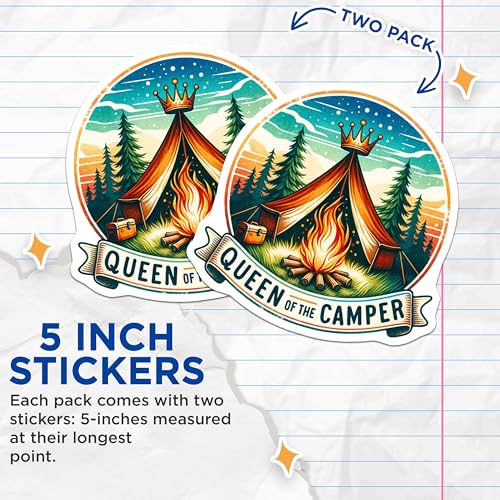 (2 Pack) Queen of The Camper Stickers - Camping Adventure - Outdoor Enthusiast - 5" On Longest Side - Sticks to Smooth Flat Surfaces - Made in USA - BMCS6788