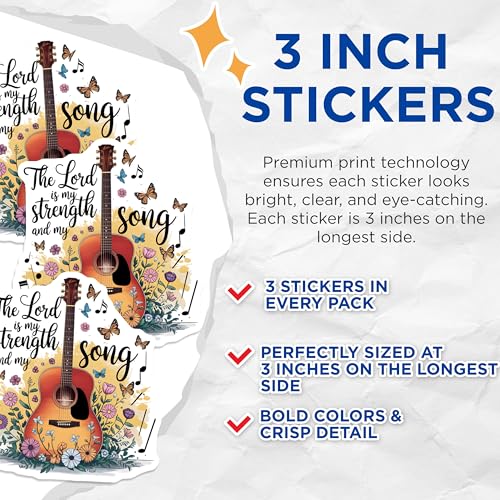 (3 Pack) Guitar Decals - Floral Guitar Art - The Lord is My Strength Decals- 3 Inches On Longest Side - Easy Peel & Apply - Made in USA - 3MCS5379