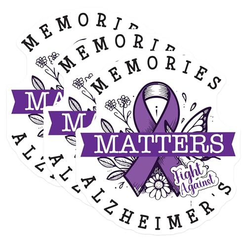 (3 Pack) Alzheimer's Awareness Decals - Purple Ribbon Stickers - Memories Matter Laptop Decals - 3 Inches On Longest Side - Easy Peel & Apply - Made in USA - 3MCS4731