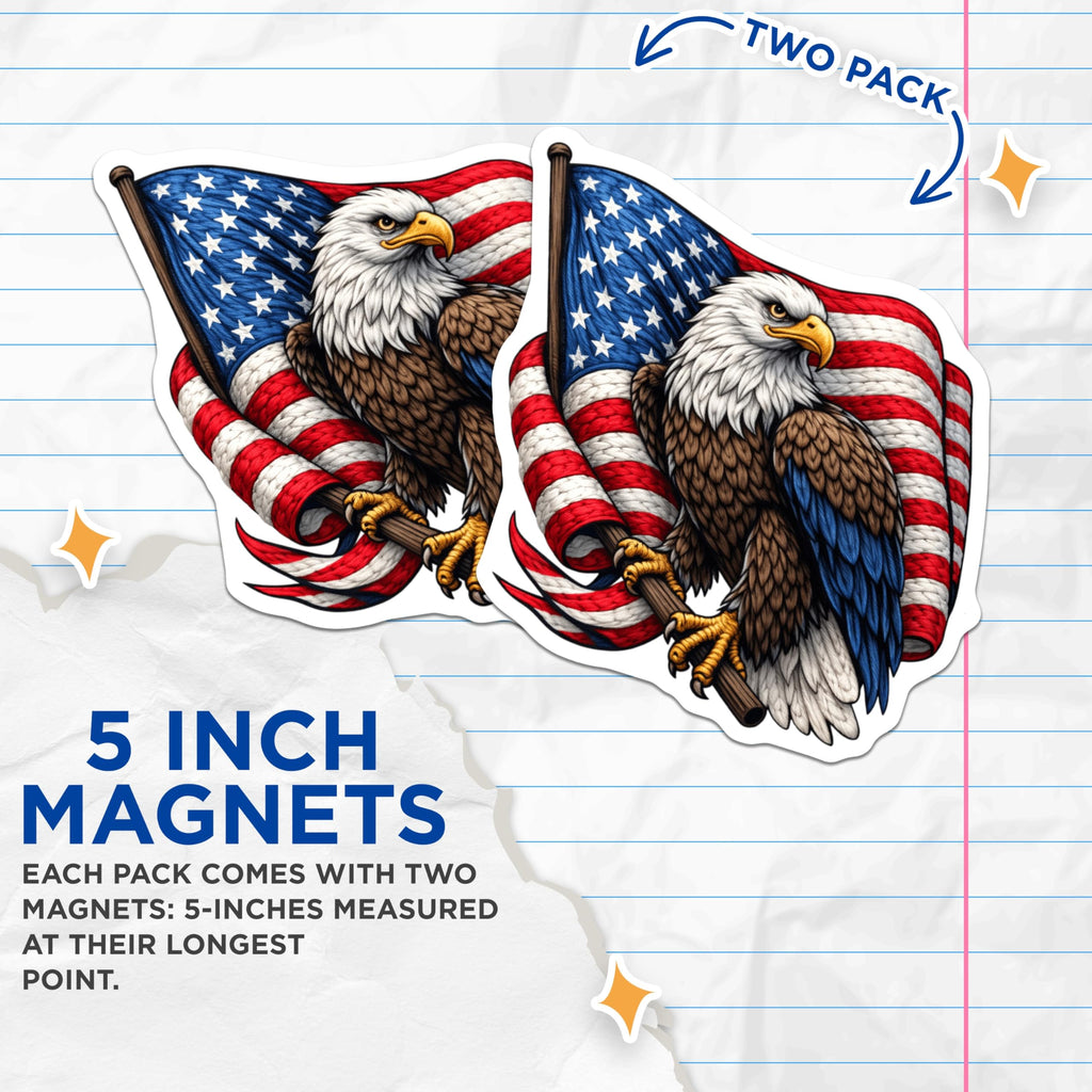 (2 Pack) Bald Eagle American Flag Magnets - USA Patriotic Symbol Decor - Freedom Pride Statement - Military Support Item - 5 Inches On Longest Side - Thick Durable Magnet - Made in USA - MAG21897