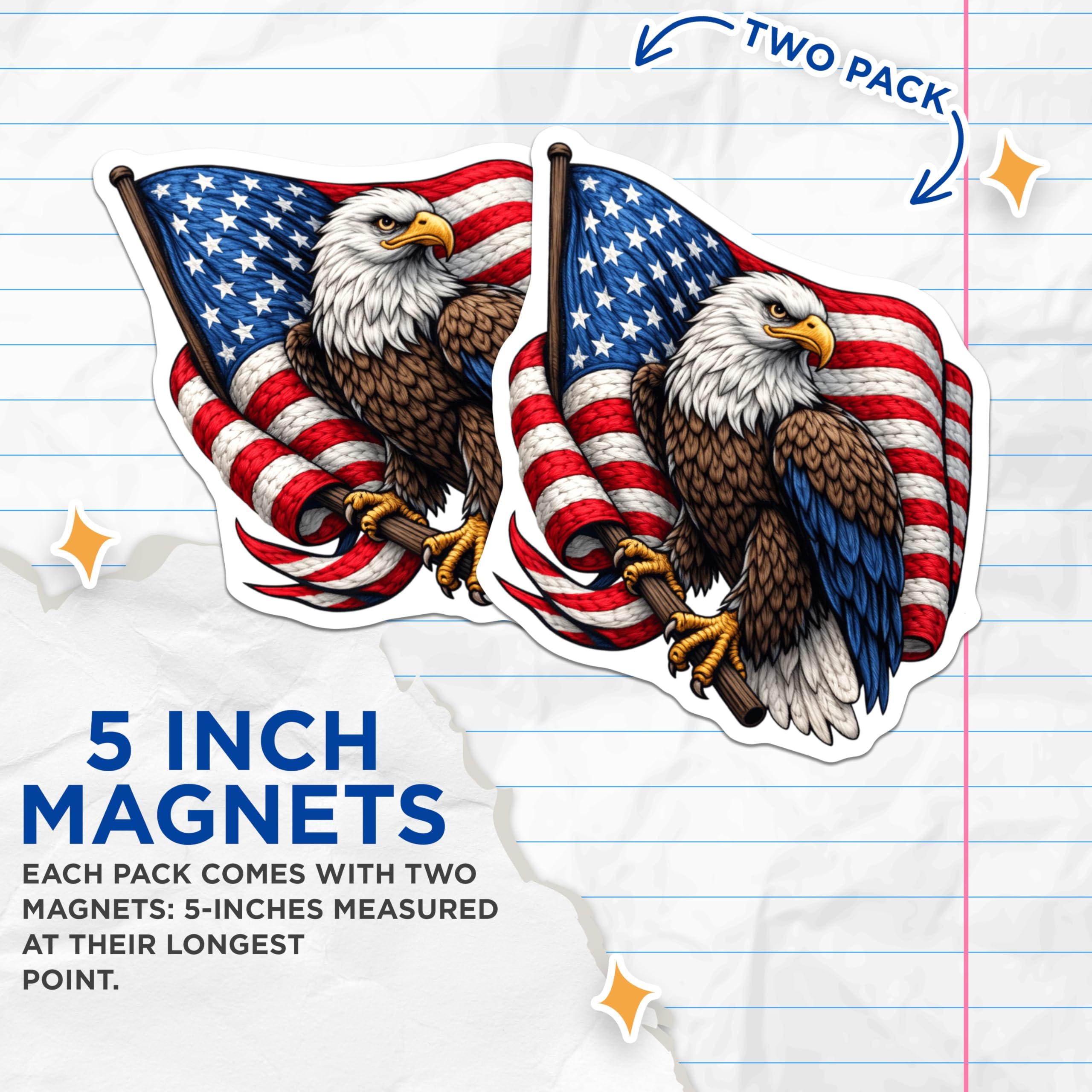 (2 Pack) Bald Eagle American Flag Magnets - USA Patriotic Symbol Decor - Freedom Pride Statement - Military Support Item - 5 Inches On Longest Side - Thick Durable Magnet - Made in USA - MAG21897
