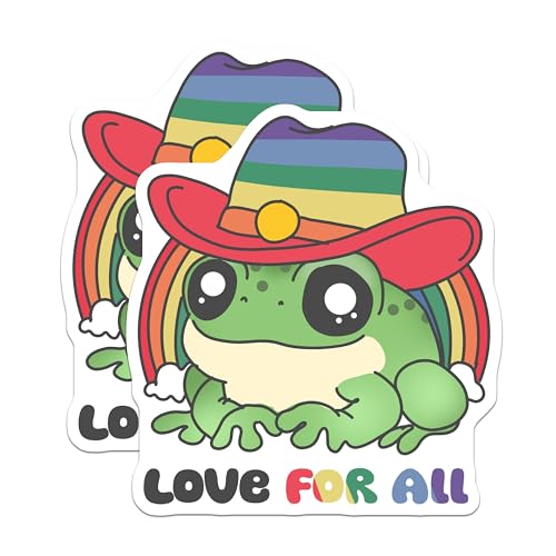 (2 Pack) Love for All Frog Stickers - Cute Frog Rainbow Hat - Inclusive Message Stickers - 5" On Longest Side - Sticks to Smooth Flat Surfaces - Made in USA - BMCS7200