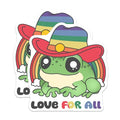 (2 Pack) Love for All Frog Stickers - Cute Frog Rainbow Hat - Inclusive Message Stickers - 5" On Longest Side - Sticks to Smooth Flat Surfaces - Made in USA - BMCS7200
