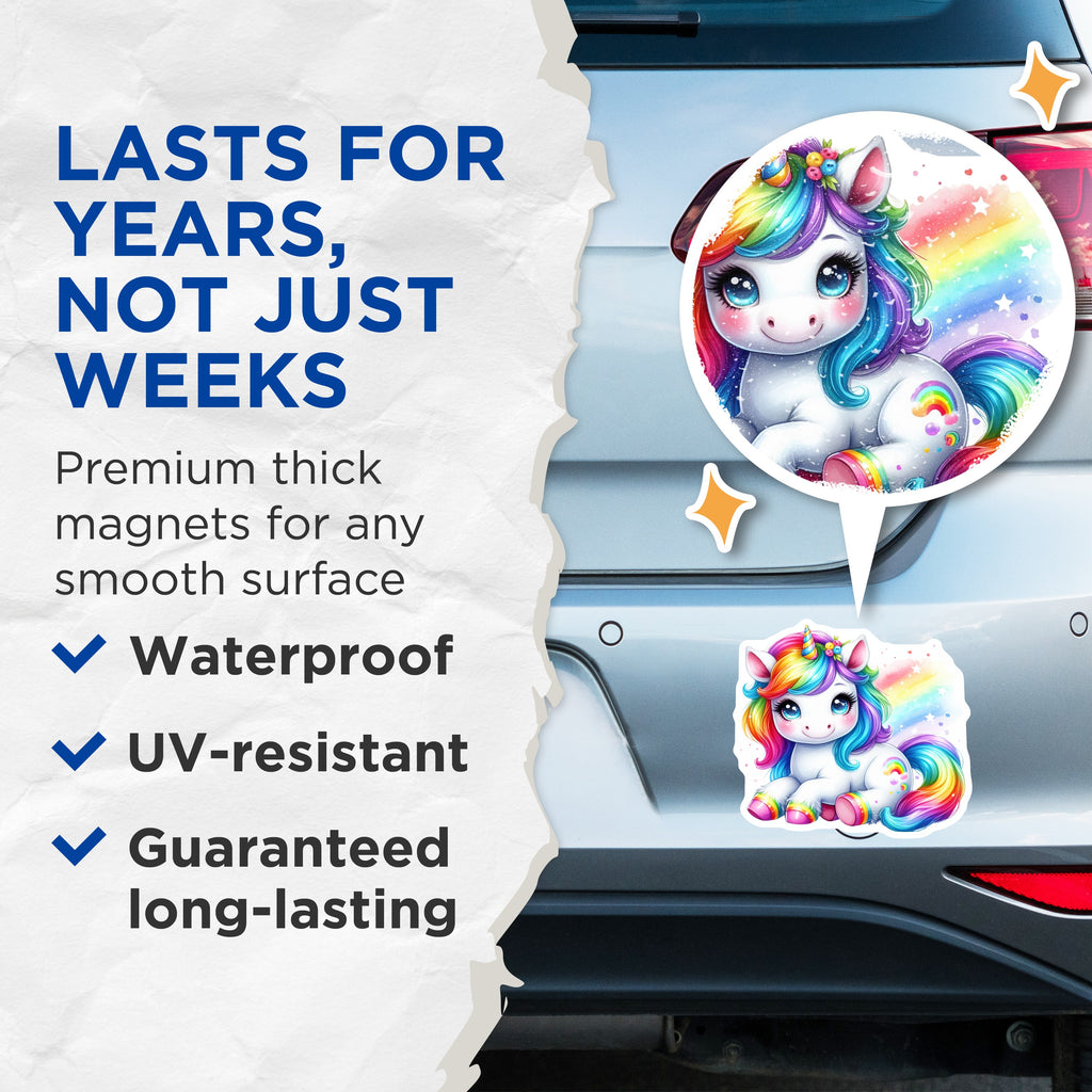 (2 Pack) Cute Unicorn Magnets - Kawaii Rainbow Animal Decor - Kids Refrigerator Locker Accessory - 5 Inches On Longest Side - Thick Durable Magnet - Made in USA - MAG39571