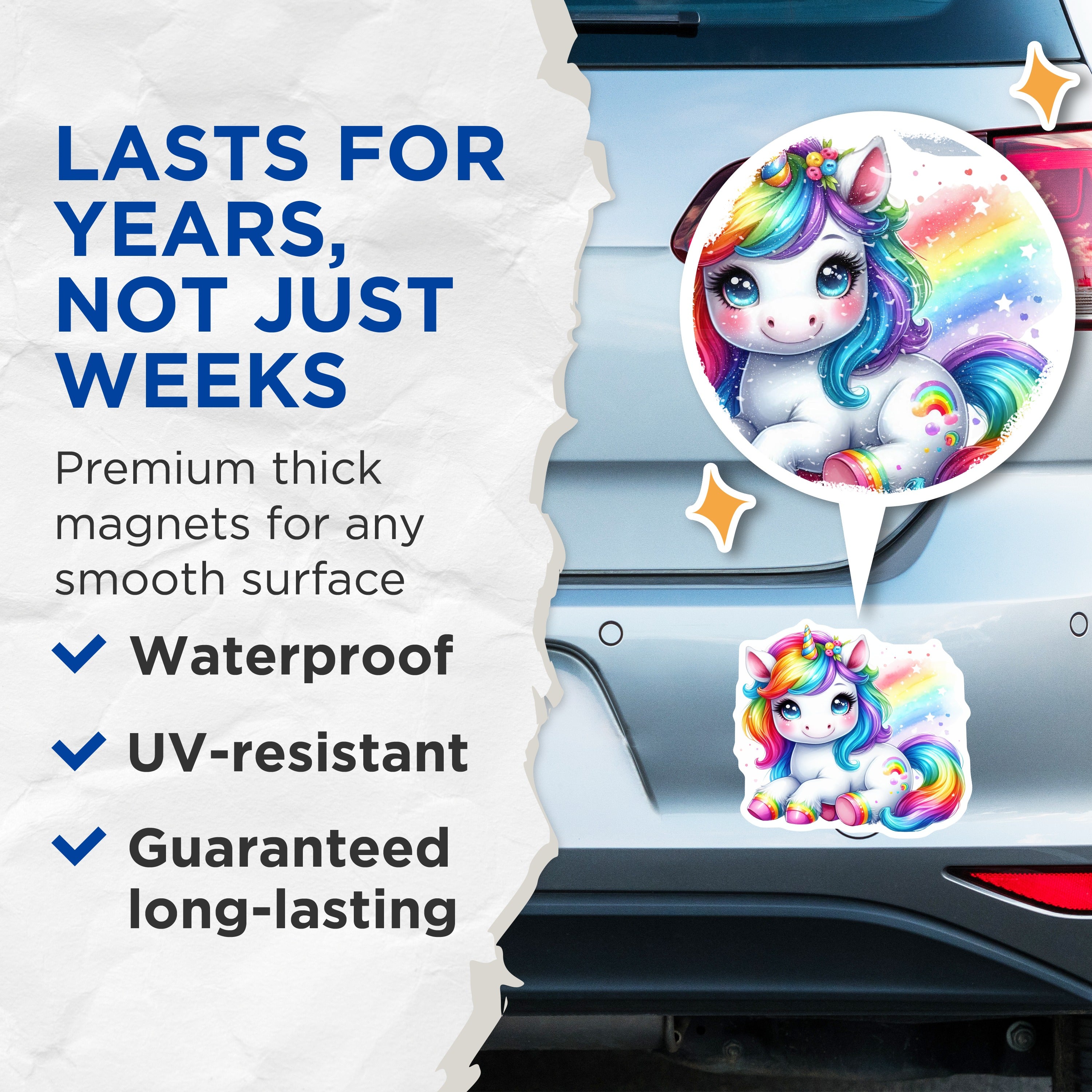 (2 Pack) Cute Unicorn Magnets - Kawaii Rainbow Animal Decor - Kids Refrigerator Locker Accessory - 5 Inches On Longest Side - Thick Durable Magnet - Made in USA - MAG39571