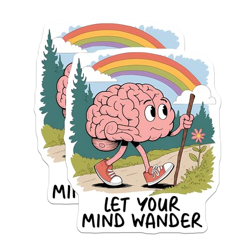 (2 Pack) Let Your Mind Wander Stickers - Motivational Cartoon Brain - Inspirational Hiking Art - 5" On Longest Side - Sticks to Smooth Flat Surfaces - Made in USA - BMCS7626