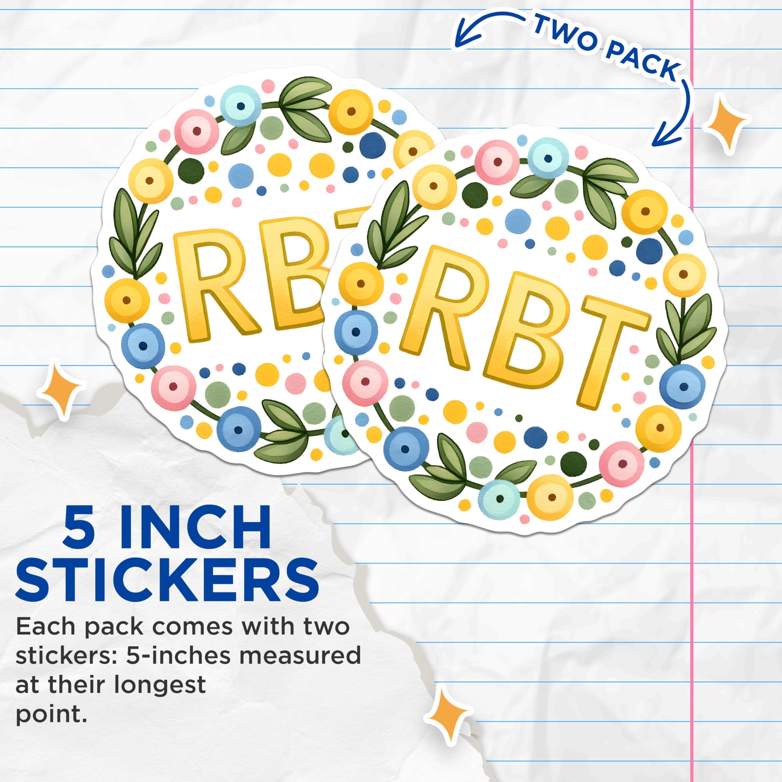 (2 Pack) Floral RBT Stickers - Colorful Round Stickers - Botanical Monogram Stickers - 5" On Longest Side - Sticks to Any Smooth Flat Surface - Made in USA - BMCS3164