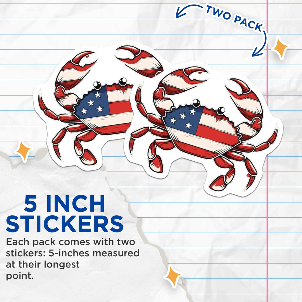 (2 Pack) American Flag Crab Stickers - Patriotic Decal - USA Flag Crab Design - 5" On Longest Side - Sticks to Smooth Flat Surfaces - Made in USA - BMCS8641