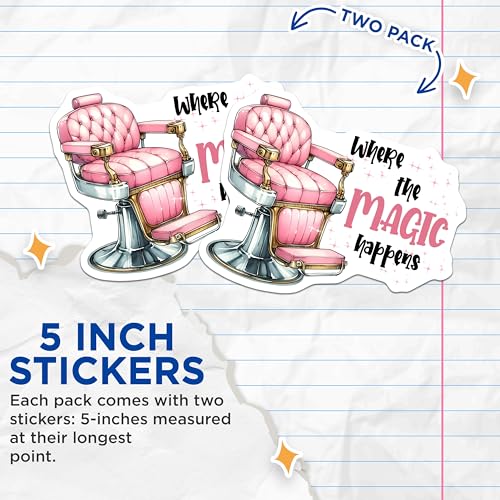 (2 Pack) Where The Magic Happens Stickers - Inspirational Quotes - Salon Chair Decal - 5" On Longest Side - Sticks to Smooth Flat Surfaces - Made in USA - BMCS7579