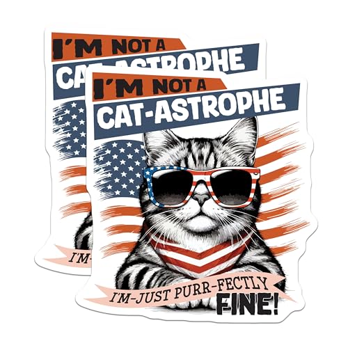 (2 Pack) I'm Not a Cat-Astrophe Stickers - Cat with Sunglasses Stickers - Funny Cat Quote - Patriotic Cat Decal - 5" On Longest Side - Sticks to Smooth Flat Surfaces - Made in USA - BMCS5955