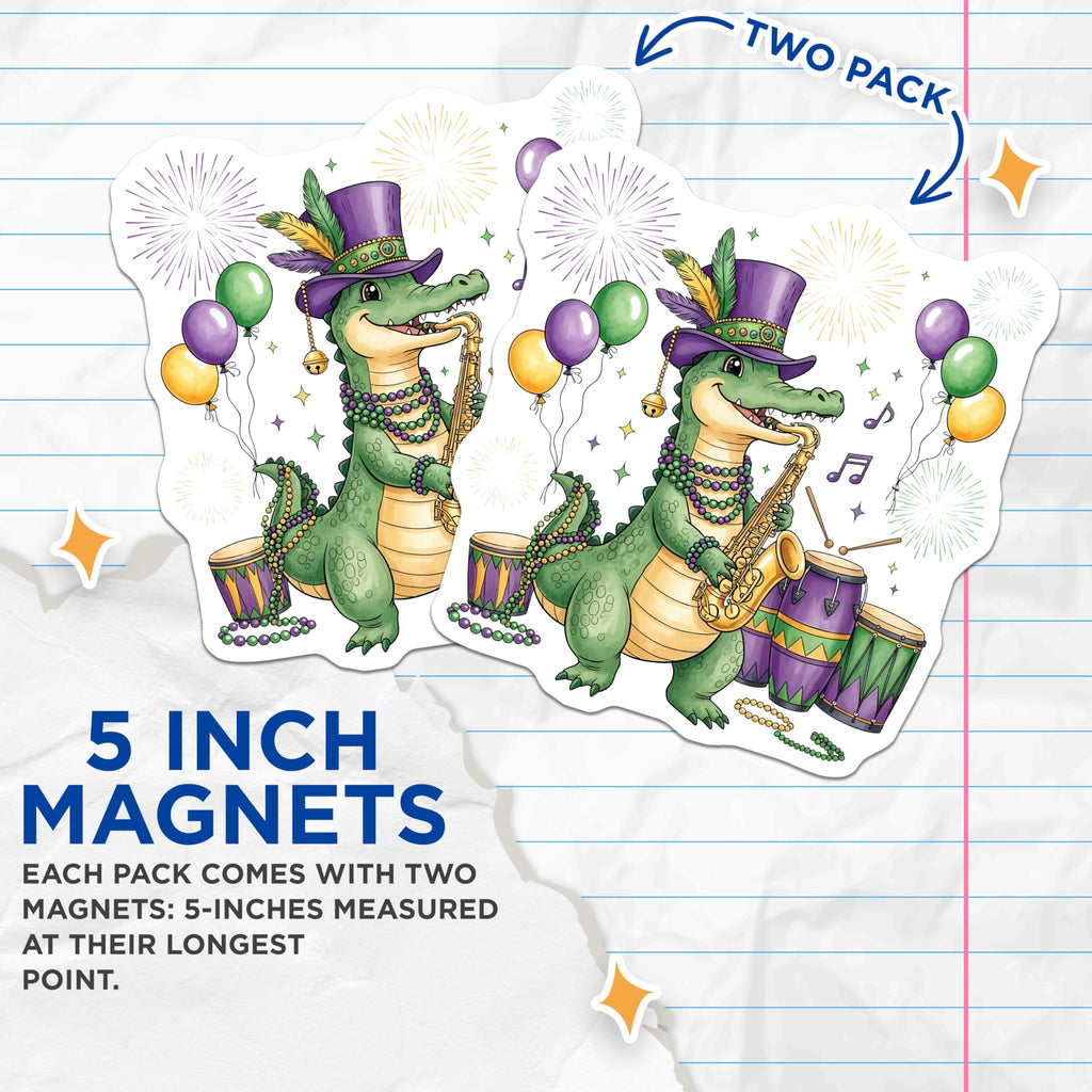 (2 Pack) Mardi Gras Magnets - Alligator Saxophone - New Orleans Decor - 5" On Longest Side - Premium Magnet - for Cars, Refrigerators, Toolboxes, Lockers - Made in USA - MAG14825