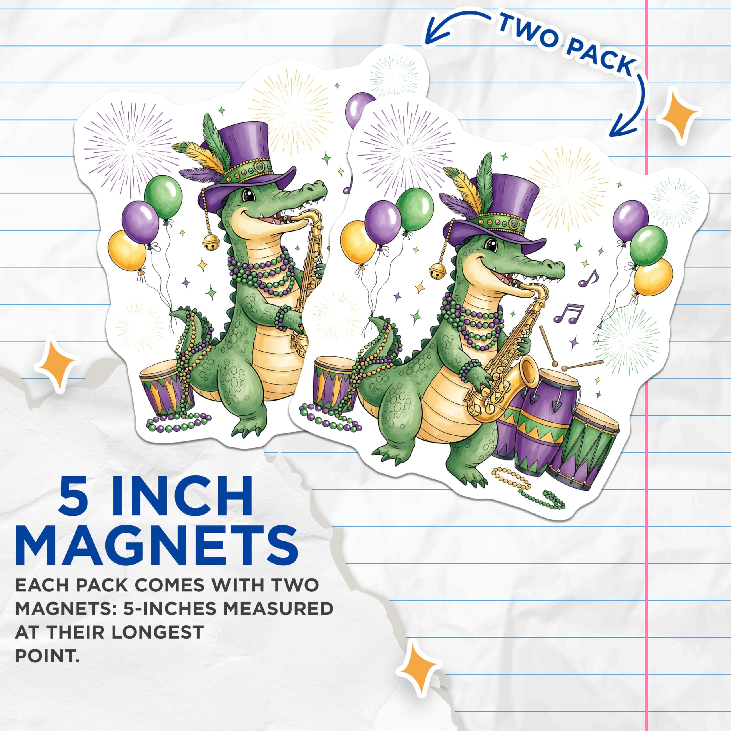 (2 Pack) Mardi Gras Magnets - Alligator Saxophone - New Orleans Decor - 5" On Longest Side - Premium Magnet - for Cars, Refrigerators, Toolboxes, Lockers - Made in USA - MAG14825