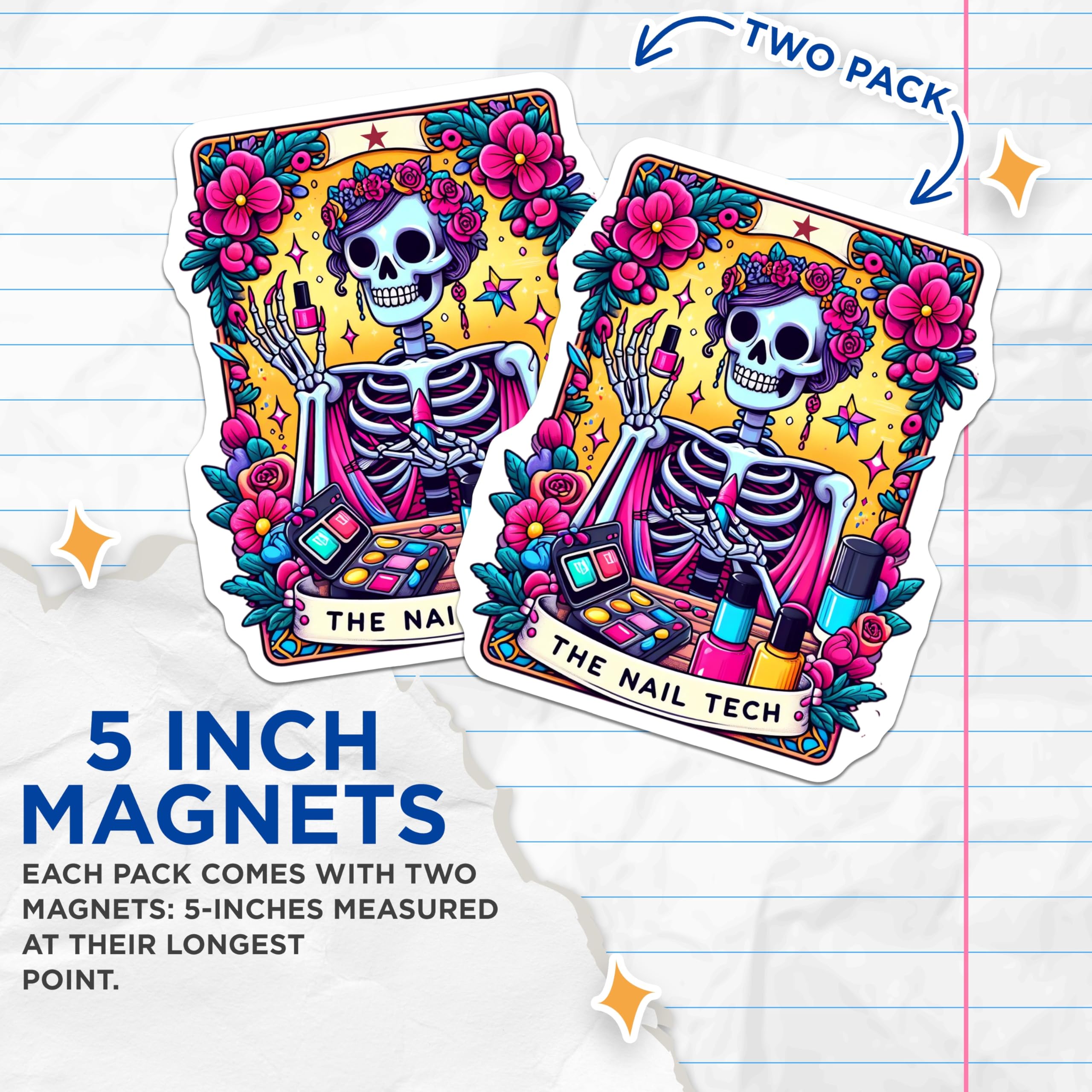 (2 Pack) Nail Tech Skeleton Magnets - Dia de Los Muertos Manicurist - Funny Salon Decor Beauty Professional - 5 Inches On Longest Side - Thick Durable Magnet - Made in USA - MAG30540