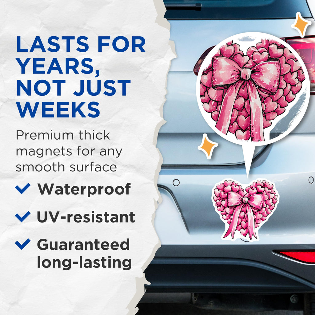 (2 Pack) Heart Shaped Pink Bow Magnets - Cute Bow Heart Magnets - Romantic Pink Heart Magnets for Fridge - 5" On Longest Side - for Cars, Refrigerators, Toolboxes, Lockers - Made in USA MAG3607