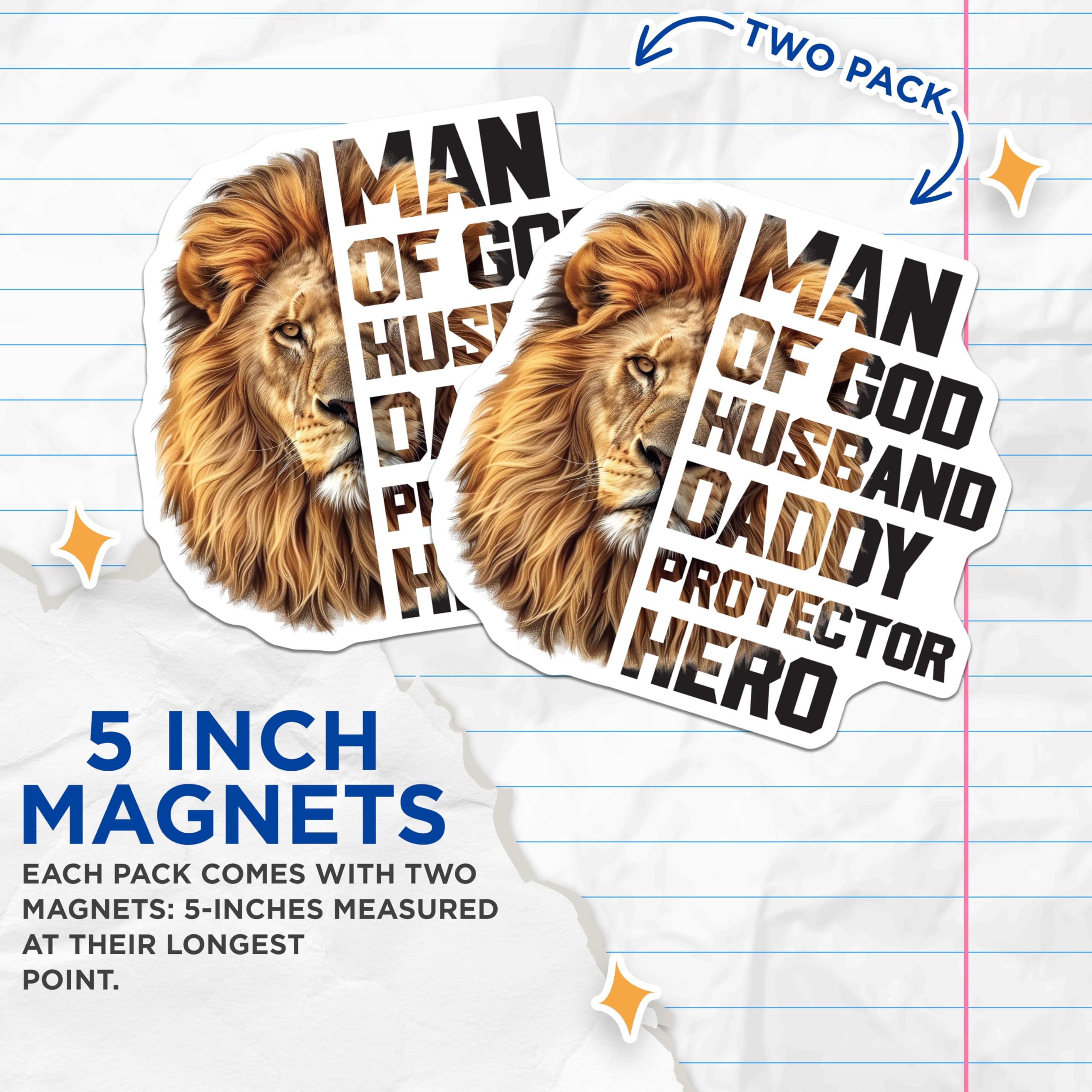 (2 Pack) Lion Man of God Magnets - Husband Daddy Protector - Hero Decorative Magnets - 5" On Longest Side - Premium Magnet - for Cars, Refrigerators, Toolboxes, Lockers - Made in USA - MAG15722