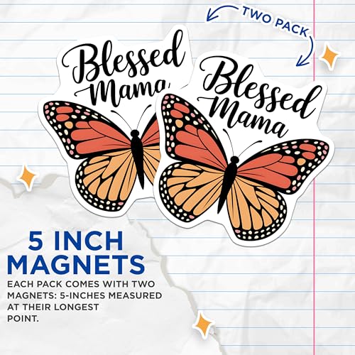 (2 Pack) Blessed Mama Magnets - Butterfly Design - Cute Butterfly Magnets - Mother's Day Magnets - Inspirational Magnets - 5" On Longest Side - for Cars, Fridges, Toolboxes - Made in USA - MAG3914