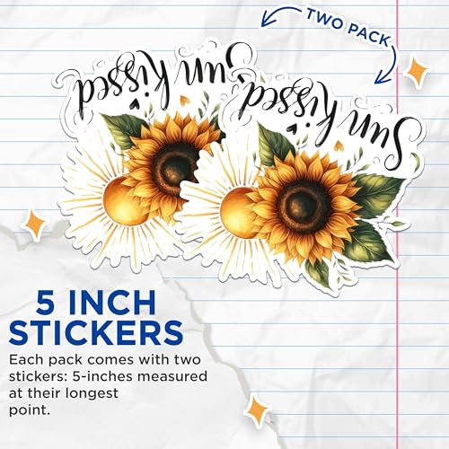 (2 Pack) Sunflower Inspirational Stickers - Sun Kissed Quote Stickers - Motivational Sunflower Stickers - 5" On Longest Side - Sticks to Any Smooth Flat Surface - Made in USA - BMCS2906