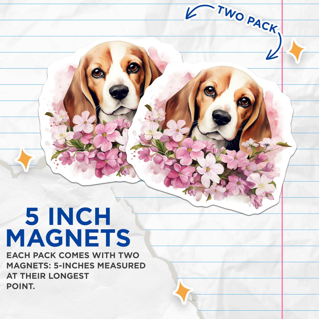 (2 Pack) Beagle Dog Magnets - Cute Watercolor Pet Lover Decor - Spring Blossom Fridge Magnets - 5 Inches On Longest Side - Thick Durable Magnet - Made in USA - MAG26678