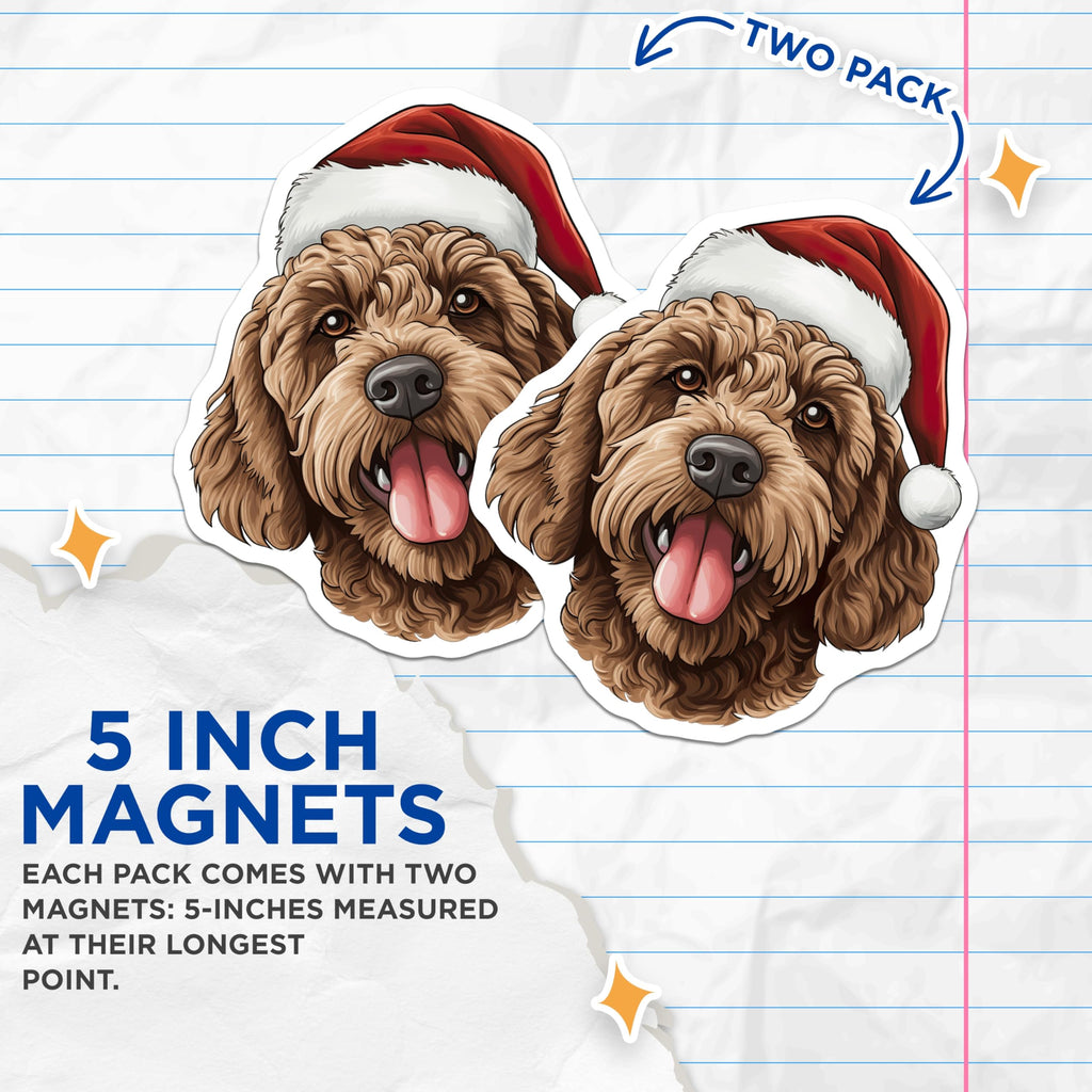 (2 Pack) Christmas Doodle Dog Magnets - Santa Hat Puppy Art - Holiday Refrigerator Decor - 5 Inches On Longest Side - Thick Durable Magnet - Made in USA - MAG30959
