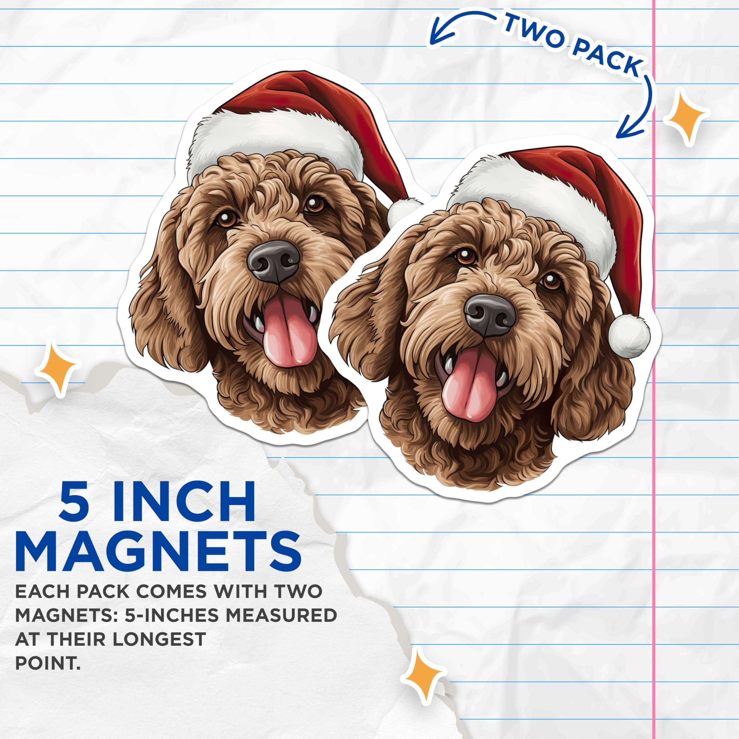(2 Pack) Christmas Doodle Dog Magnets - Santa Hat Puppy Art - Holiday Refrigerator Decor - 5 Inches On Longest Side - Thick Durable Magnet - Made in USA - MAG30959