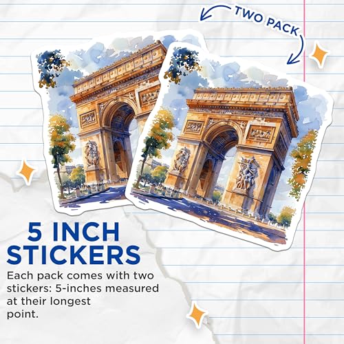 (2 Pack) Paris Landmark Stickers - Arch of Triumph Stickers - Travel Souvenir Stickers - European Landmark Stickers - 5" On Longest Side - Sticks to Smooth Flat Surfaces - Made in USA - BMCS5181