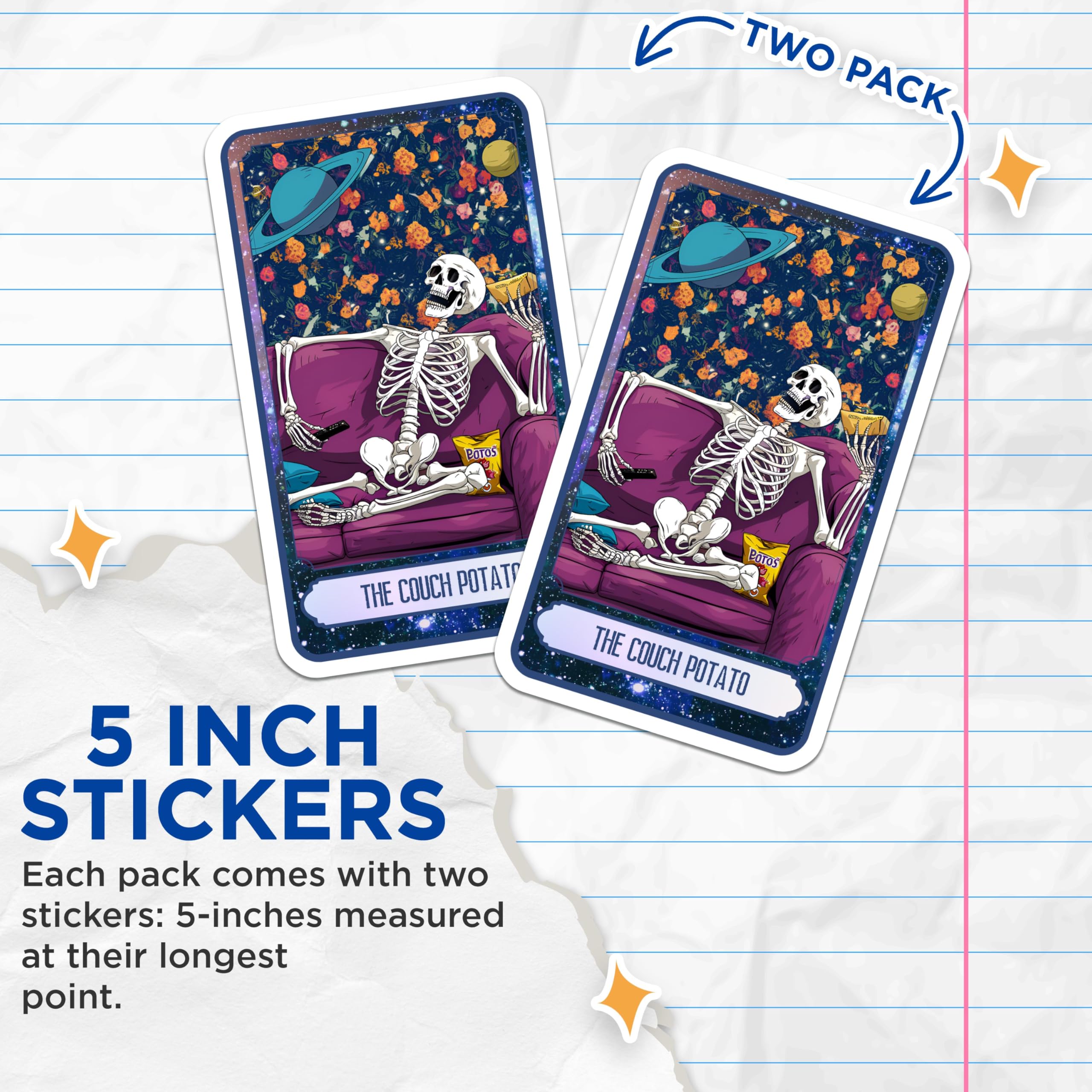 (2 Pack) Couch Potato Skeleton Stickers - Funny Skeleton Sitting on Couch - Humorous Skeleton Relaxing Art Decal - 5" On Longest Side - Sticks to Smooth Flat Surfaces - Made in USA - BMCS9983