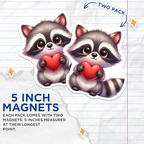 (2 Pack) Cute Raccoon Holding Heart Magnets - Adorable Animal Magnet - Kitchen - Refrigerator Magnets - 5" On Longest Side - for Cars, Fridges, Toolboxes - Made in USA - MAG3669