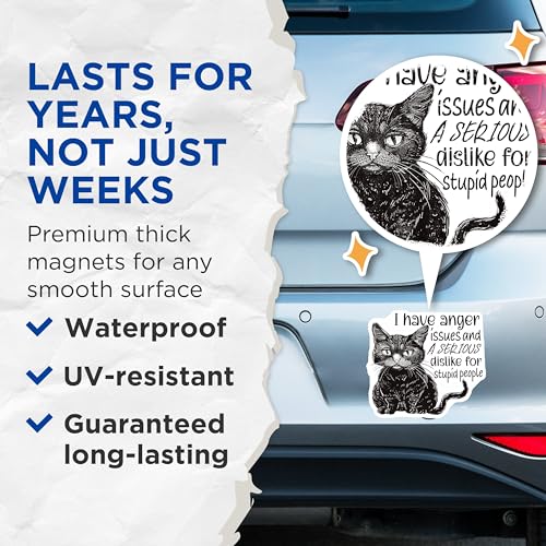 (2 Pack) Funny Cat Magnets - Anger Issues Cat - Stupid People Magnet - 5" On Longest Side - for Cars, Fridges, Toolboxes - Made in USA - MAG4335