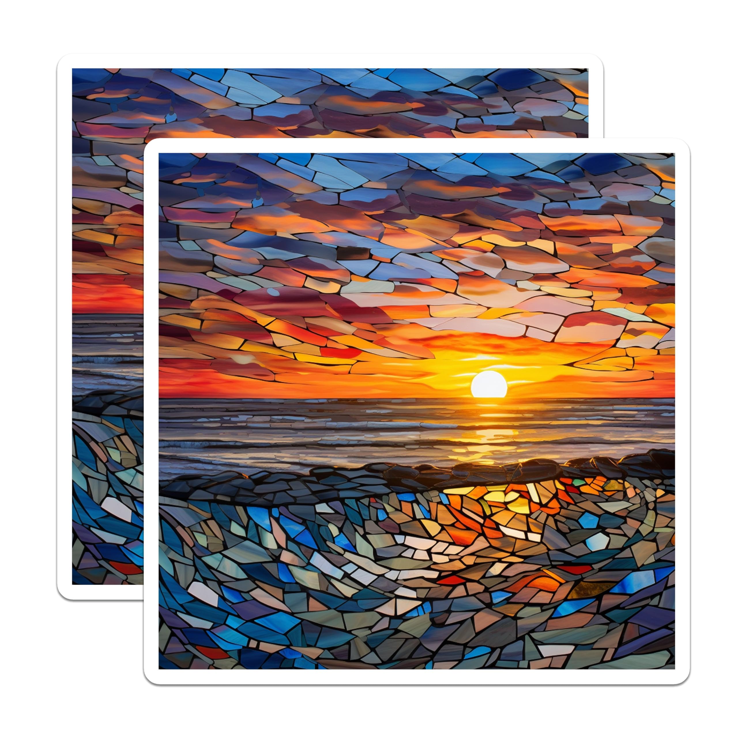(2 Pack) Sunset Mosaic Magnets - Ocean Beach Stained Glass Decor - Coastal Refrigerator Art - 5 Inches On Longest Side - Thick Durable Magnet - Made in USA - MAG27168