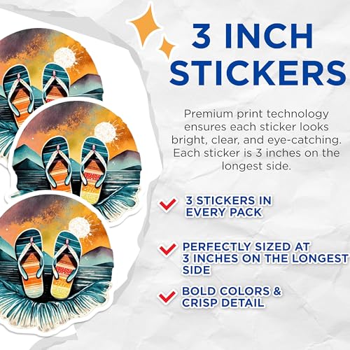 (3 Pack) Beach Vibes Decals - Flip Flop Decals - Summer Decal - 3 Inches On Longest Side - Easy Peel & Apply - Made in USA - 3MCS8074