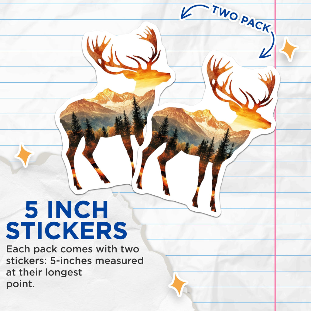 (2 Pack) Deer Stickers - Mountain Scenery Stickers - Wildlife Stickers - 5" On Longest Side - Sticks to Smooth Flat Surfaces - Made in USA - BMCS15189
