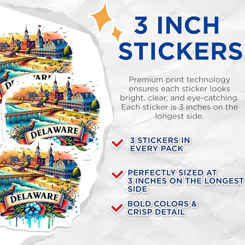 (3 Pack) Delaware Decals - Beach City Stickers - Vacation Souvenir Decal- 3 Inches On Longest Side - Easy Peel & Apply - Made in USA - 3MCS5579