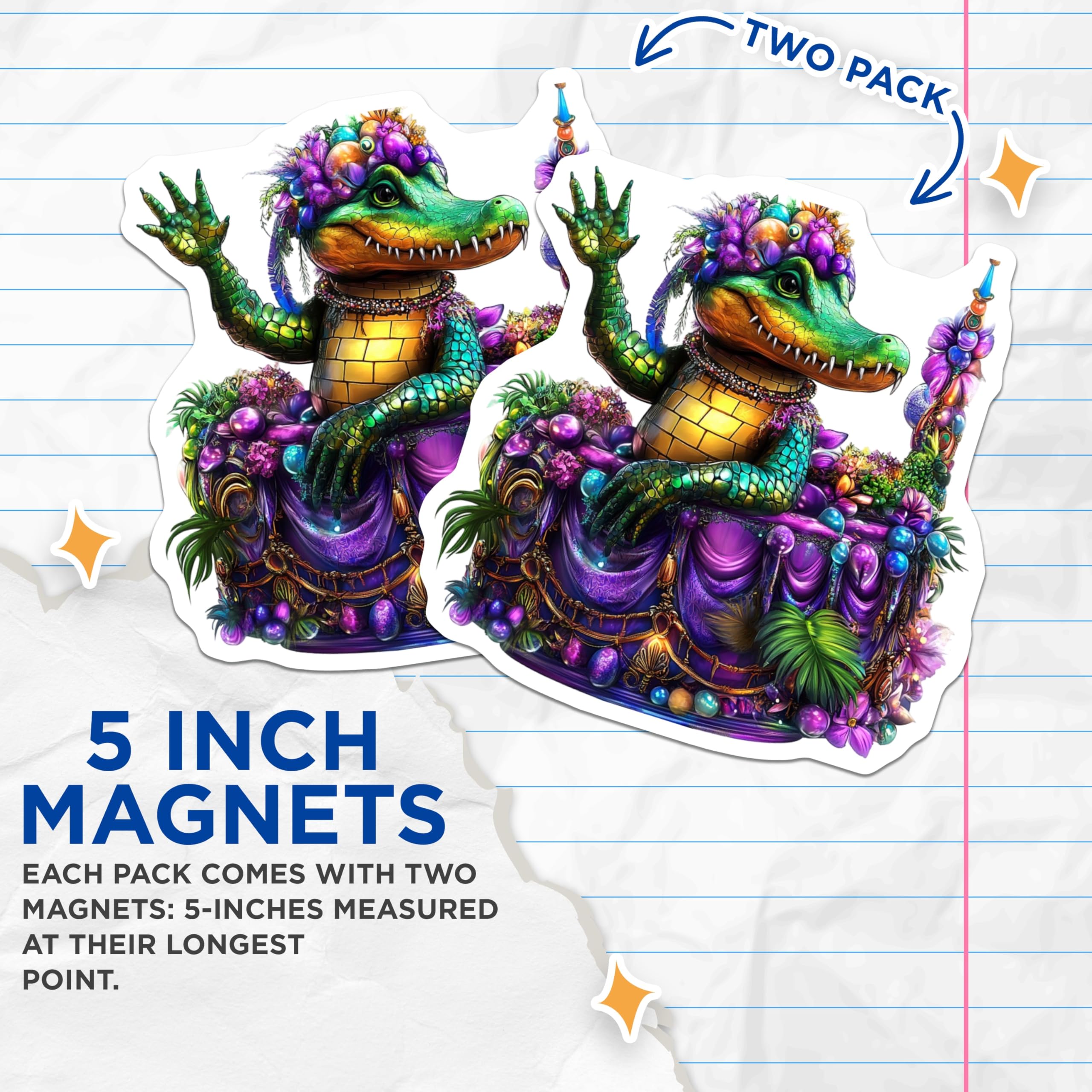 (2 Pack) Mardi Gras Alligator Magnets - Festive Gator Decor - New Orleans Carnival Magnets - 5" On Longest Side - Premium Magnet - for Cars, Refrigerators, Toolboxes, Lockers - Made in USA - MAG15808