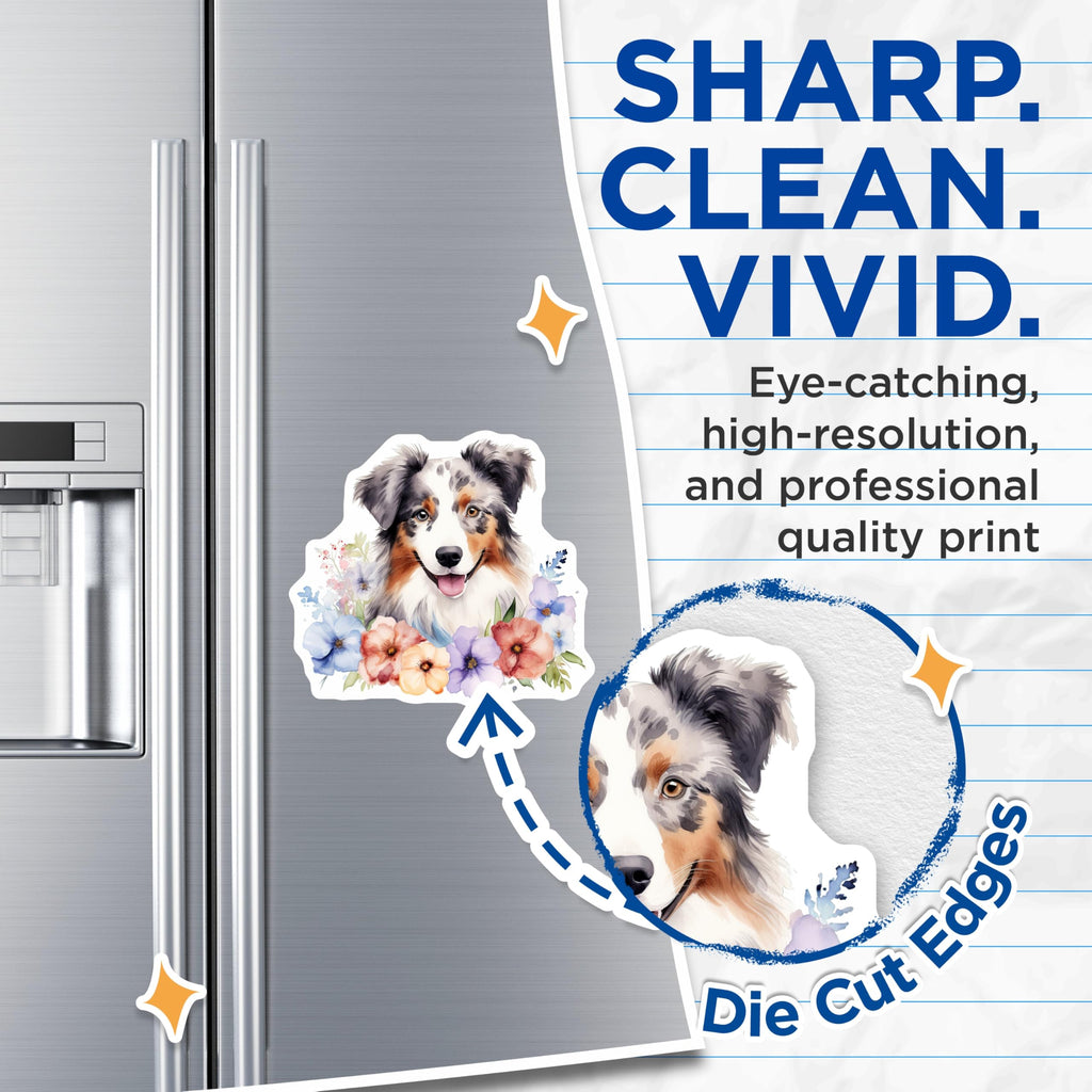 (2 Pack) Australian Shepherd Magnets - Watercolor Dog Art - Aussie Dog Lover Decor - 5 Inches On Longest Side - Thick Durable Magnet - Made in USA - MAG29288