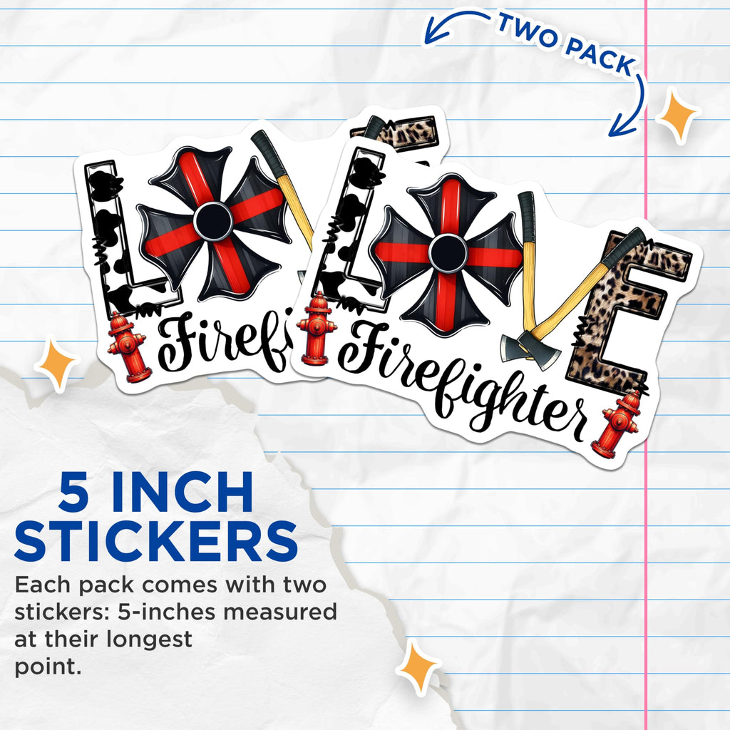 (2 Pack) Firefighter Love Stickers - Maltese Cross - Leopard Print Lettering - 5" On Longest Side - Sticks to Smooth Flat Surfaces - Made in USA - BMCS15591