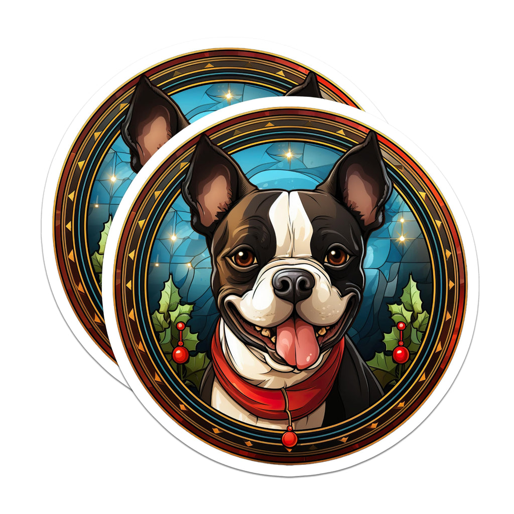 (2 Pack) Boston Terrier Christmas Magnets - Holiday Dog Decor - Stained Glass Pet Lover Refrigerator Art - 5 Inches On Longest Side - Thick Durable Magnet - Made in USA - MAG26035