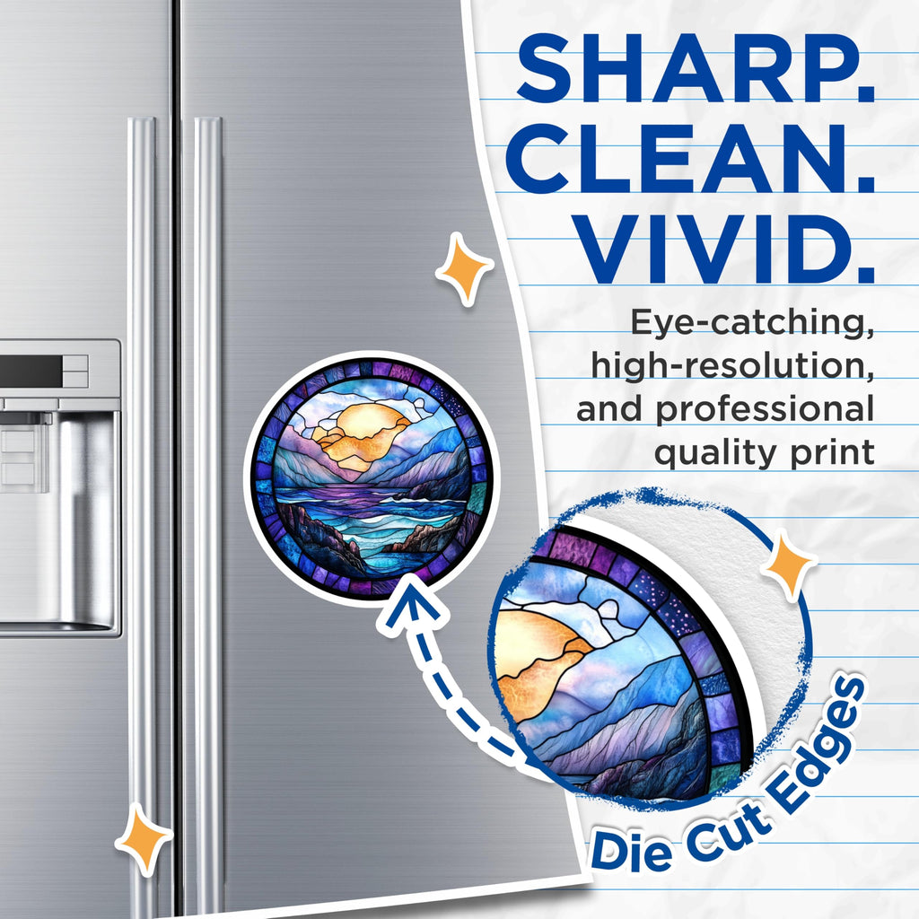 (2 Pack) Stained Glass Ocean Magnets - Sunset Landscape Scene - Vibrant Nature Refrigerator Accent - 5 Inches On Longest Side - Thick Durable Magnet - Made in USA - MAG25572