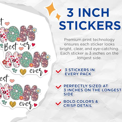 (3 Pack) Best Mom Ever Decals - Floral Mom Sticker - Mothers Day Decal - 3 Inches On Longest Side - Easy Peel & Apply - Made in USA - 3MCS7221