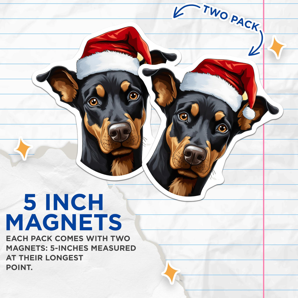 (2 Pack) Doberman Christmas Magnets - Santa Hat Dog Holiday Decor - Festive Pet Lover Magnet - Winter Animal Art Decoration - 5 Inches On Longest Side - Thick Durable Magnet - Made in USA - MAG23578