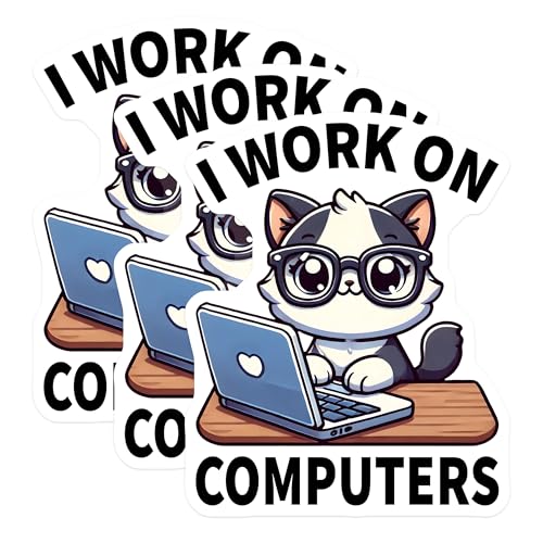 (3 Pack) Computer Cat Decals - Laptop Decal - Programmer Cat Decal - 3 Inches On Longest Side - Easy Peel & Apply - Made in USA - 3MCS6197