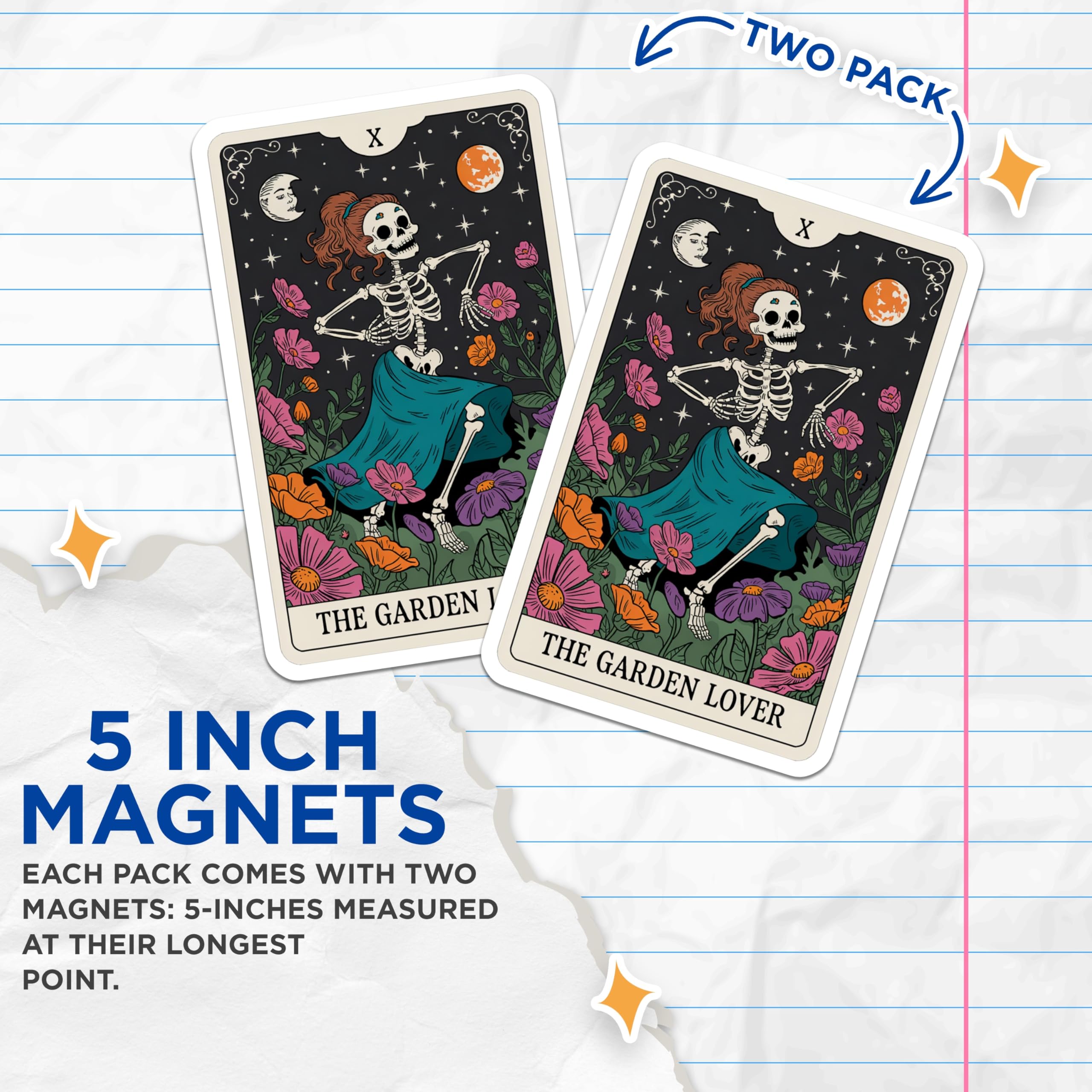 (2 Pack) Garden Lover Skeleton Magnets - Whimsical Tarot Card Art - Celestial Floral Refrigerator Decor - 5 Inches On Longest Side - Thick Durable Magnet - Made in USA - MAG20298