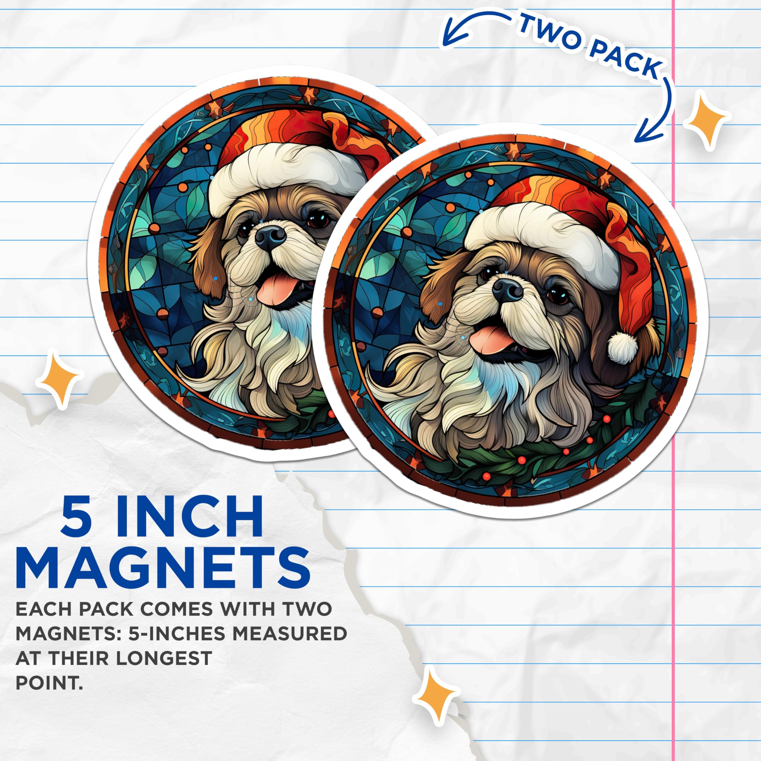 (2 Pack) Christmas Dog Magnets - Stained Glass Shih Tzu - Festive Pet Decor - 5 Inches On Longest Side - Thick Durable Magnet - Made in USA - MAG25366