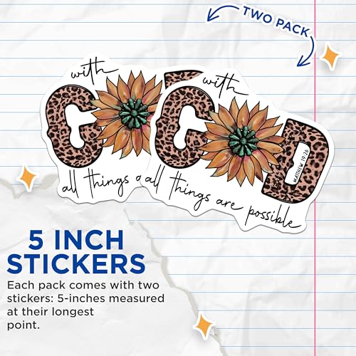(2 Pack) with God All Things are Possible Stickers - Inspirational Bible Verse - Faith Quotes Leopard Print - 5" On Longest Side - Sticks to Smooth Flat Surfaces - Made in USA - BMCS6182
