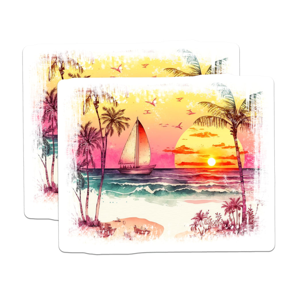(2 Pack) Tropical Sunset Beach Magnets - Coastal Ocean Decor - Palm Tree Sailboat Art - 5 Inches On Longest Side - Thick Durable Magnet - Made in USA - MAG27136